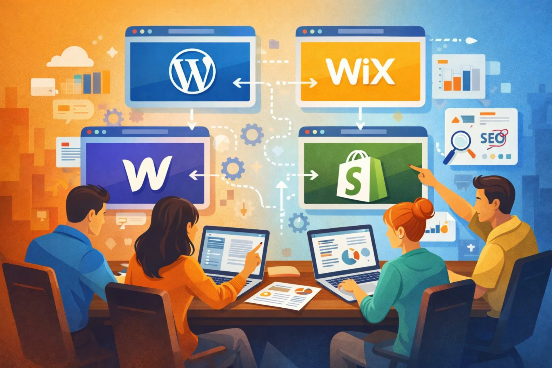 WordPress vs Wix vs Webflow vs Shopify 对比示意图