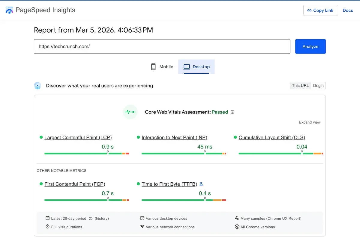 Google's PageSpeed Insights report for TechCrunch on a desktop device.