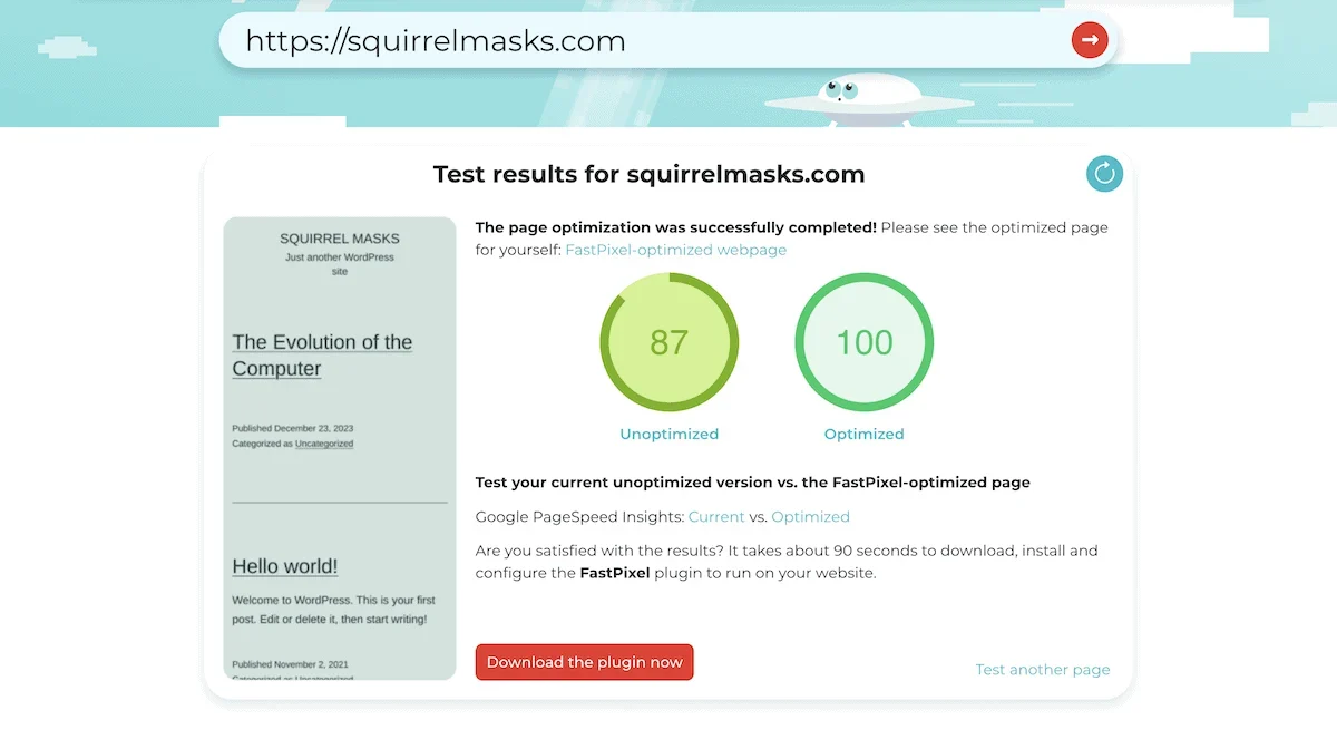 A FastPixel performance test's results.