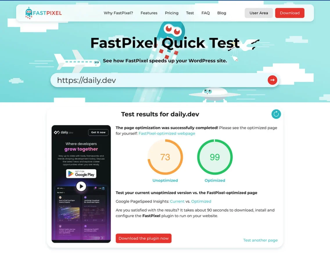 FastPixel's page optimization test.