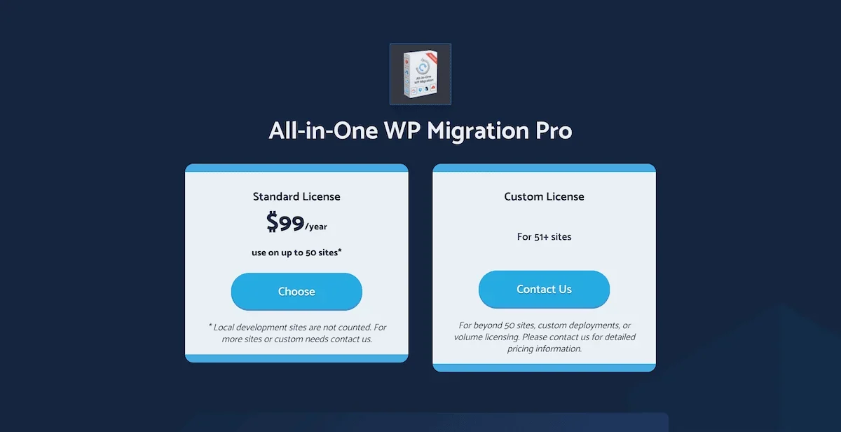 The All-in-One WP Migration Pro pricing page.