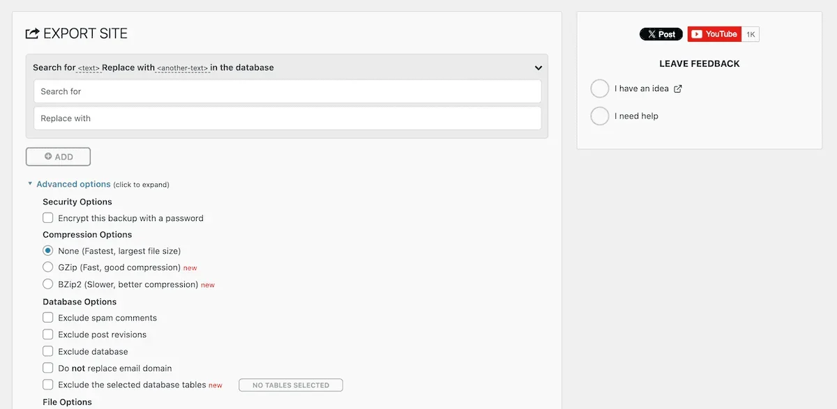 The Export screen within All-in-One WP Migration Pro.