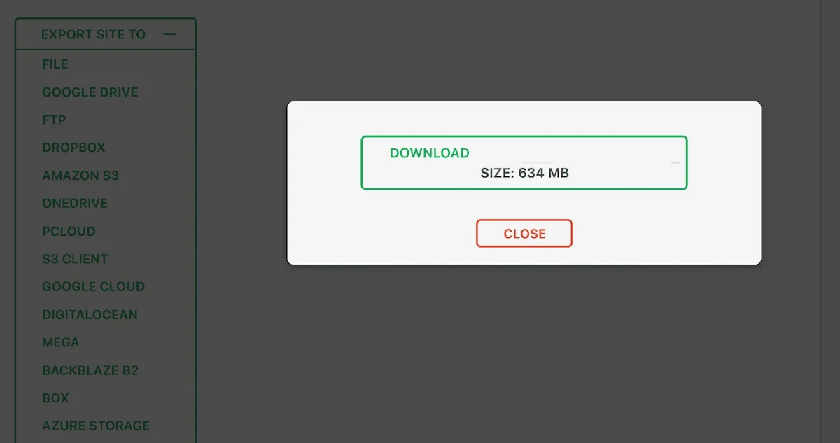 A complete export showing a download button for the migration file.