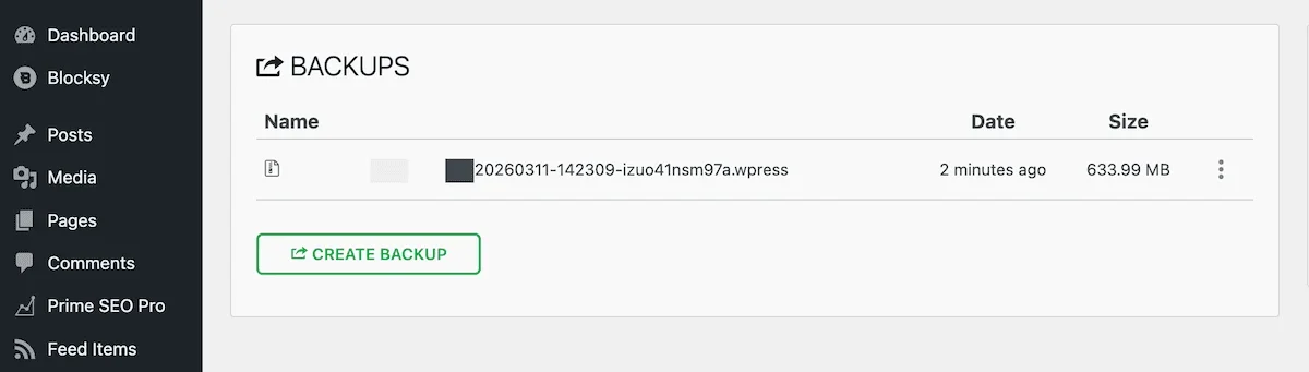 The All-in-One WP Migration Backups page.