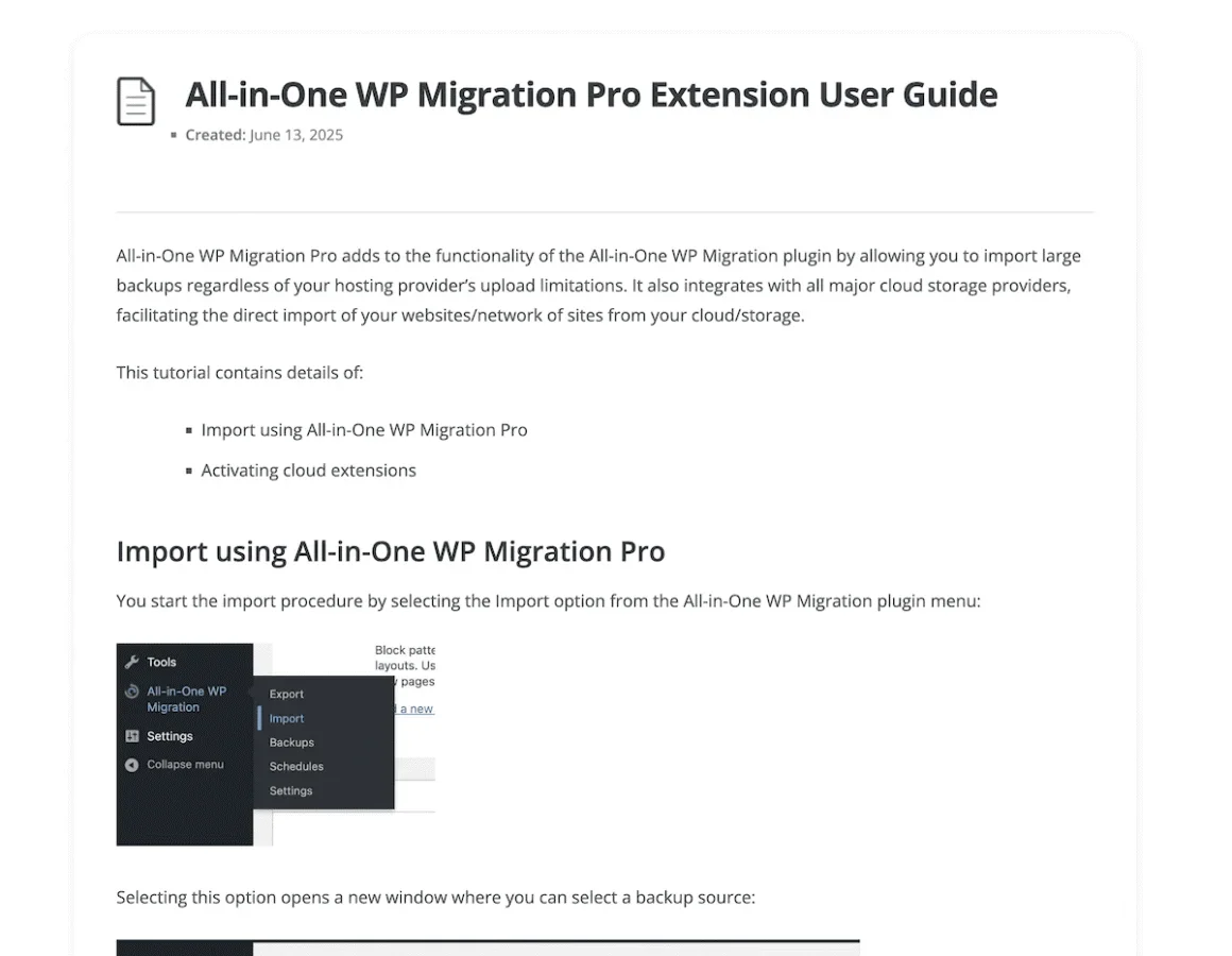 The All-in-One WP Migration Pro documentation.