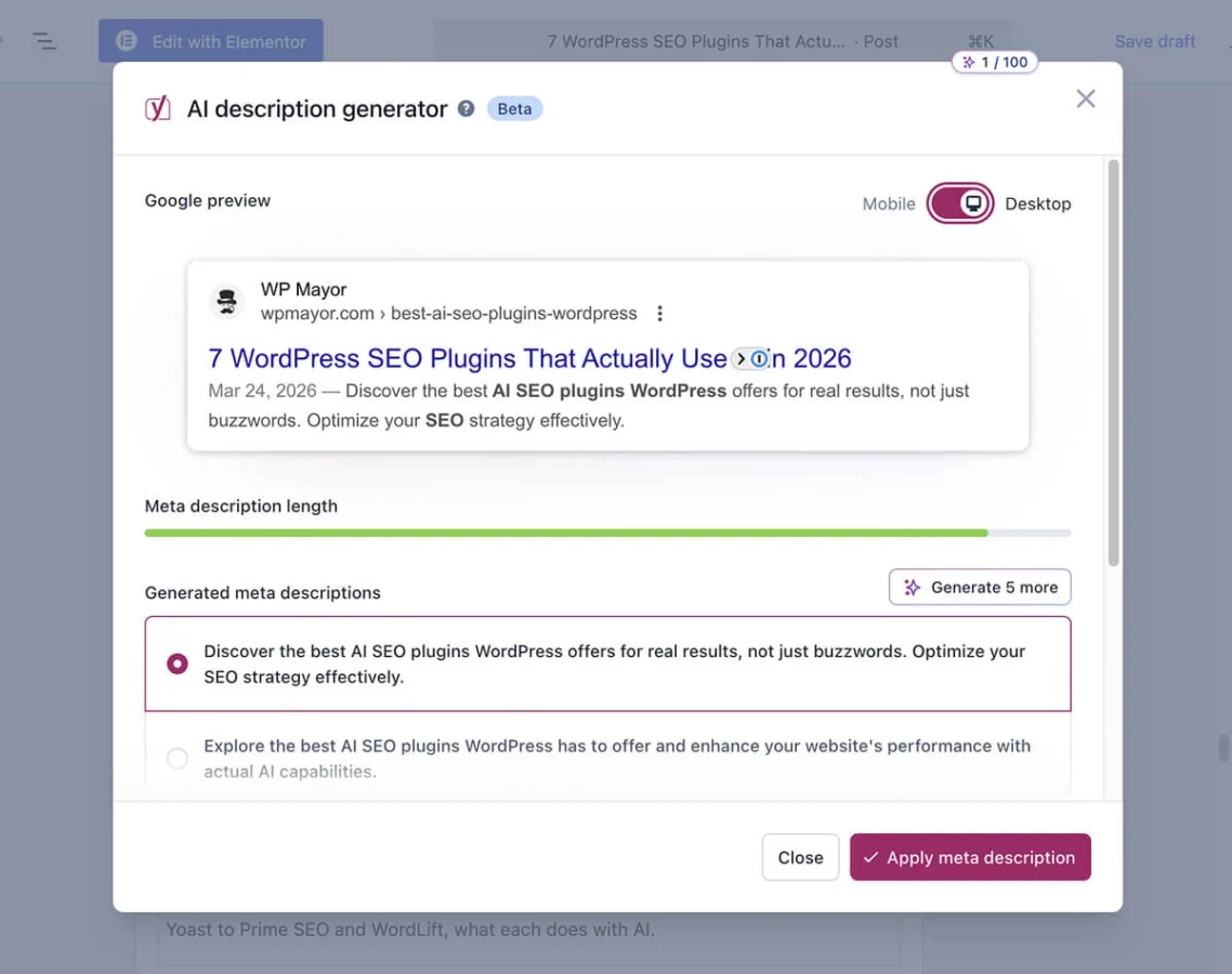 Yoast SEO's AI description generator