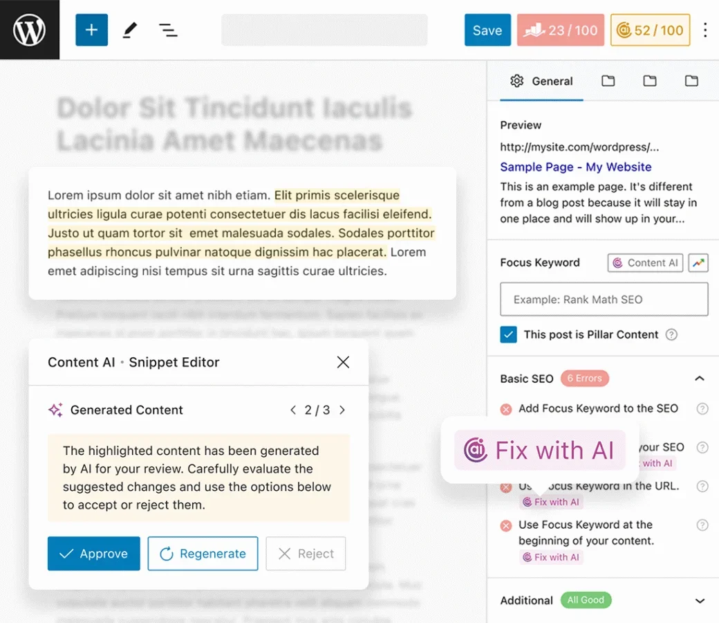 RankMath's Content AI fixes SEO issues throughout your content.
