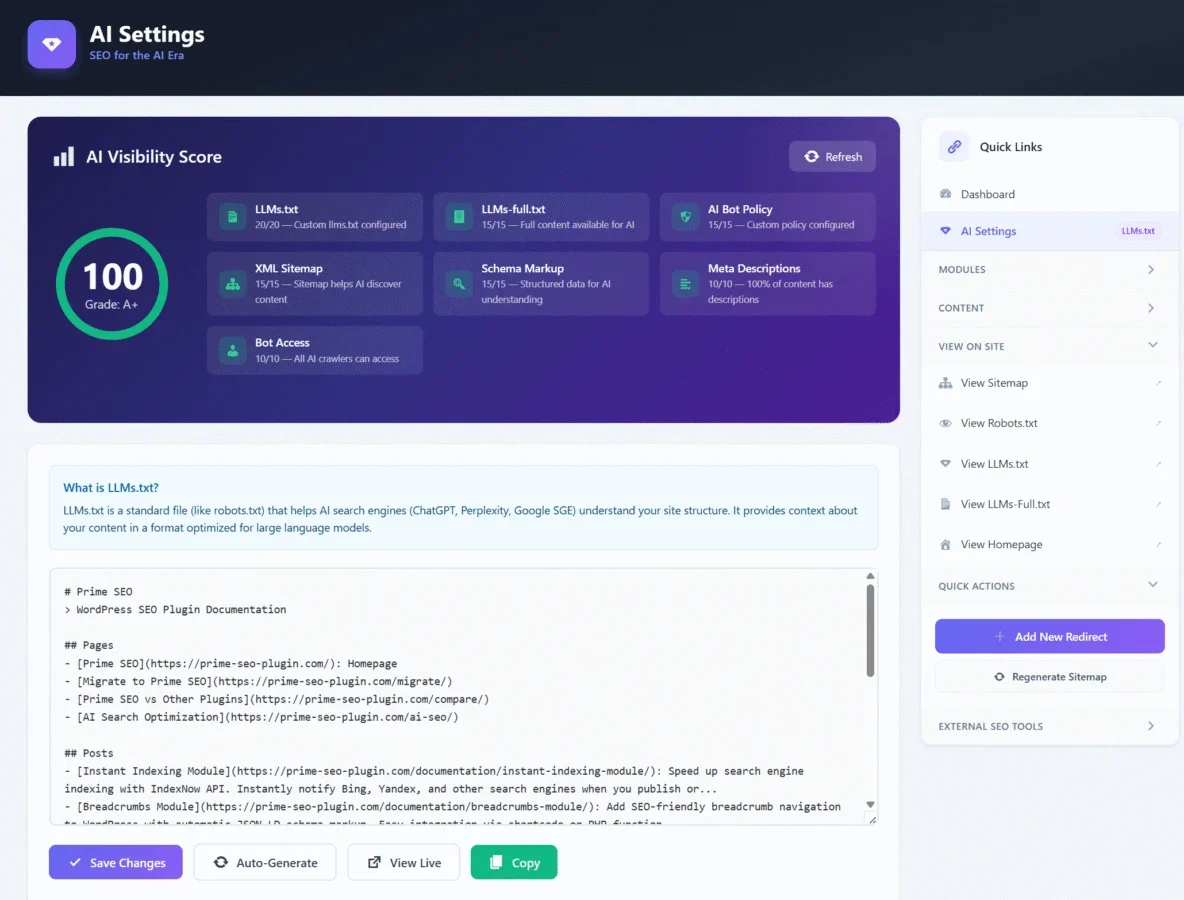 Prime SEO's LLMs.txt editor with AI Visibility Score and AI Bots Manager.