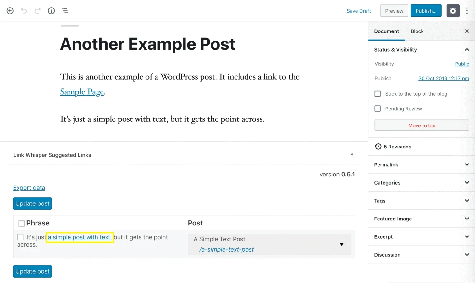 An internal link suggestion with customizable anchor text from Link Whisper.