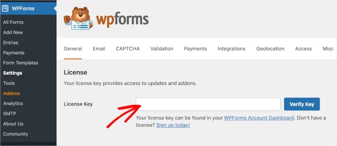 WPForms license key field