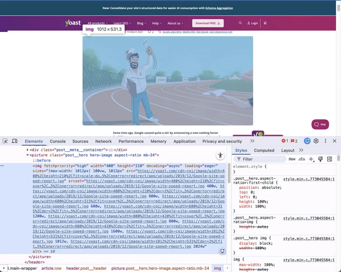 An example of the image srcset attribute in use on Yoast's blog.