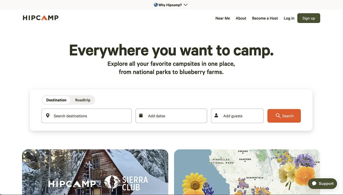 HipCamp's website homepage showing the 60/30/10 design rule in action.
