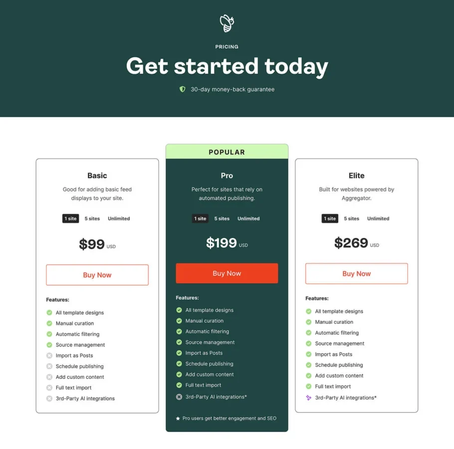 WP RSS Aggregator's pricing page showing multiple plans, each offering more value than the other.