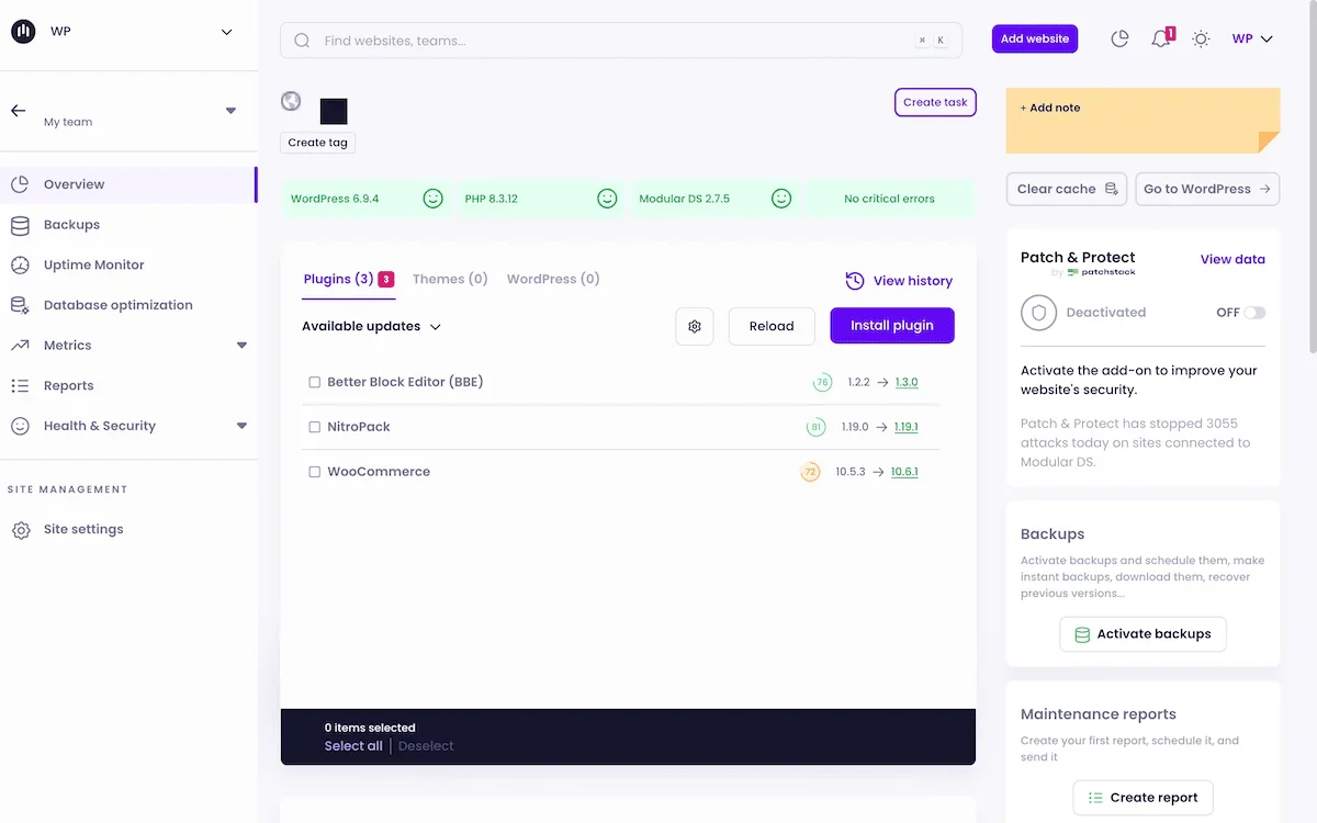 The main Modular DS site dashboard showing a connected site with health indicators.
