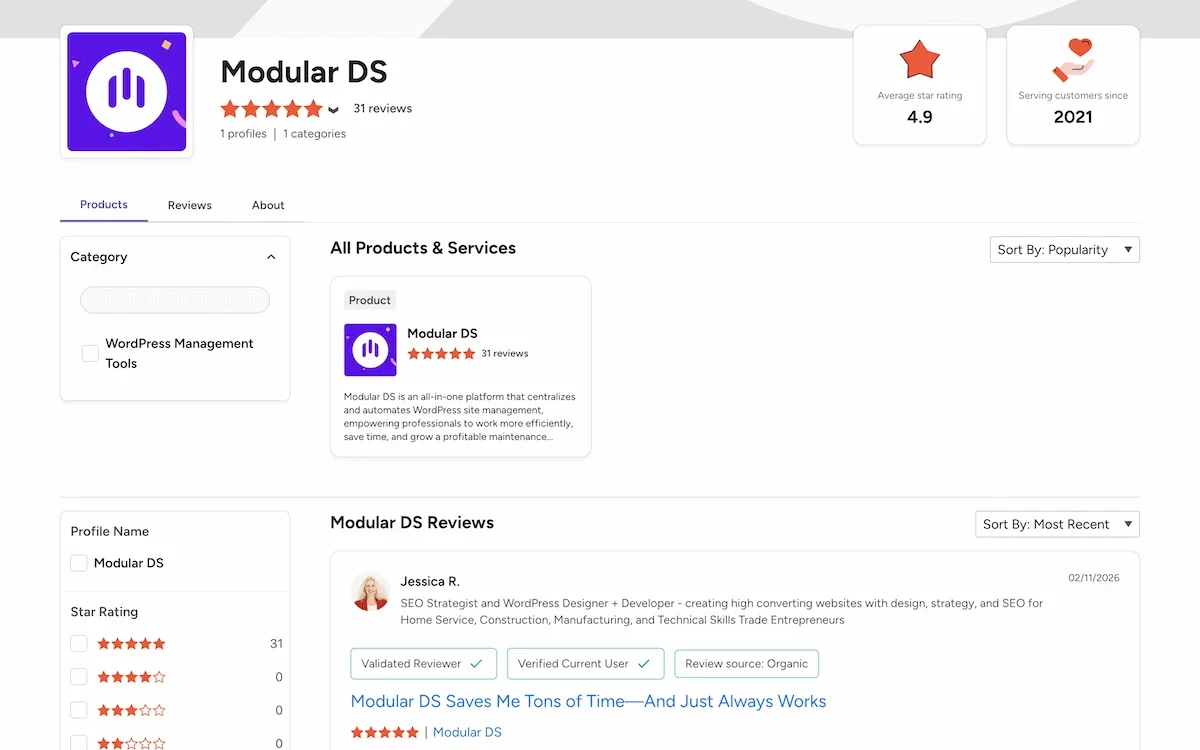 The Modular DS G2 review page showing its overall ratings and recent reviews.