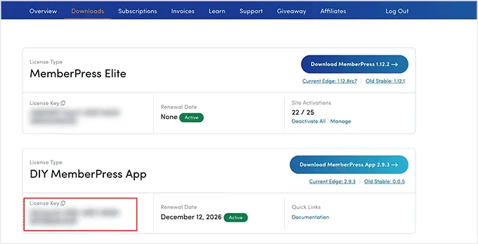 Copy the MemberPress AppKit license key