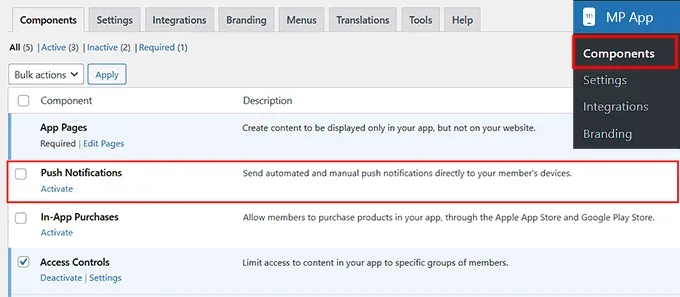 Enable push notifications component in MemberPress AppKit