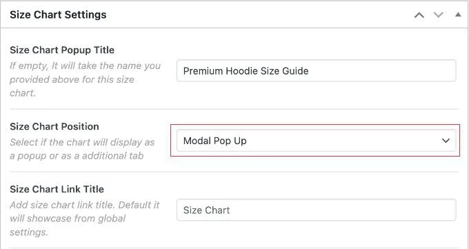 Selecting the Popup Option in Advanced Product Size Charts Pro