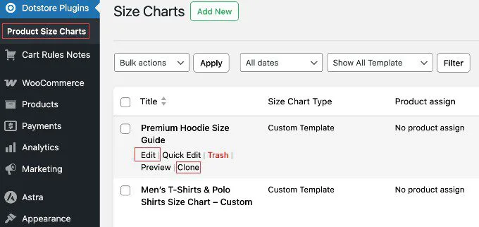 The pre-made size chart templates library in Advanced Product Size Charts Pro
