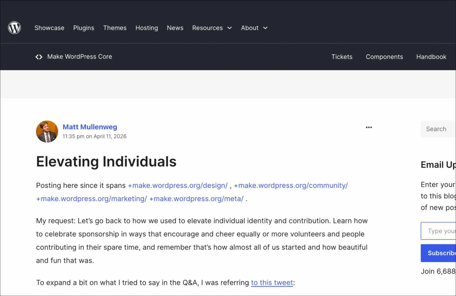 Blog post titled "Elevating Individuals" by Matt Mullenweg on the WordPress website.