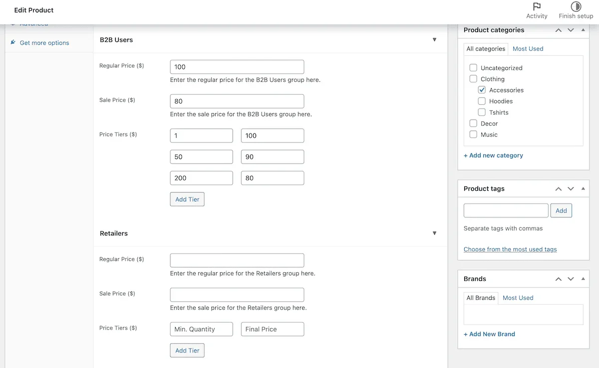The WooCommerce product edit screen showing B2BKing group pricing fields with separate entries for Retailers.