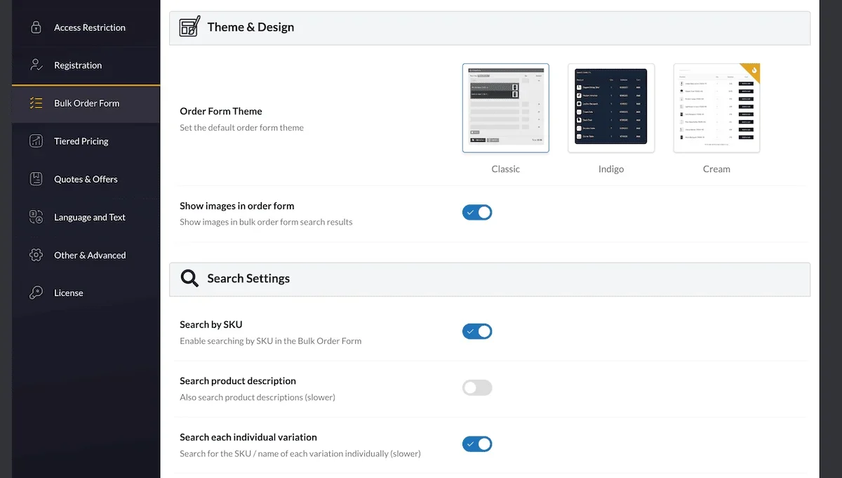 The B2BKing bulk order form settings page.