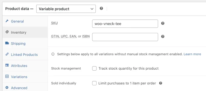 Product data including SKU, GTIN, UPC, EAN, ISBN