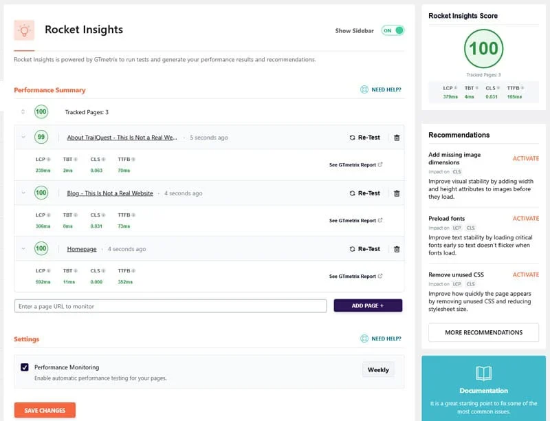 Rocket Insights performance monitoring hub