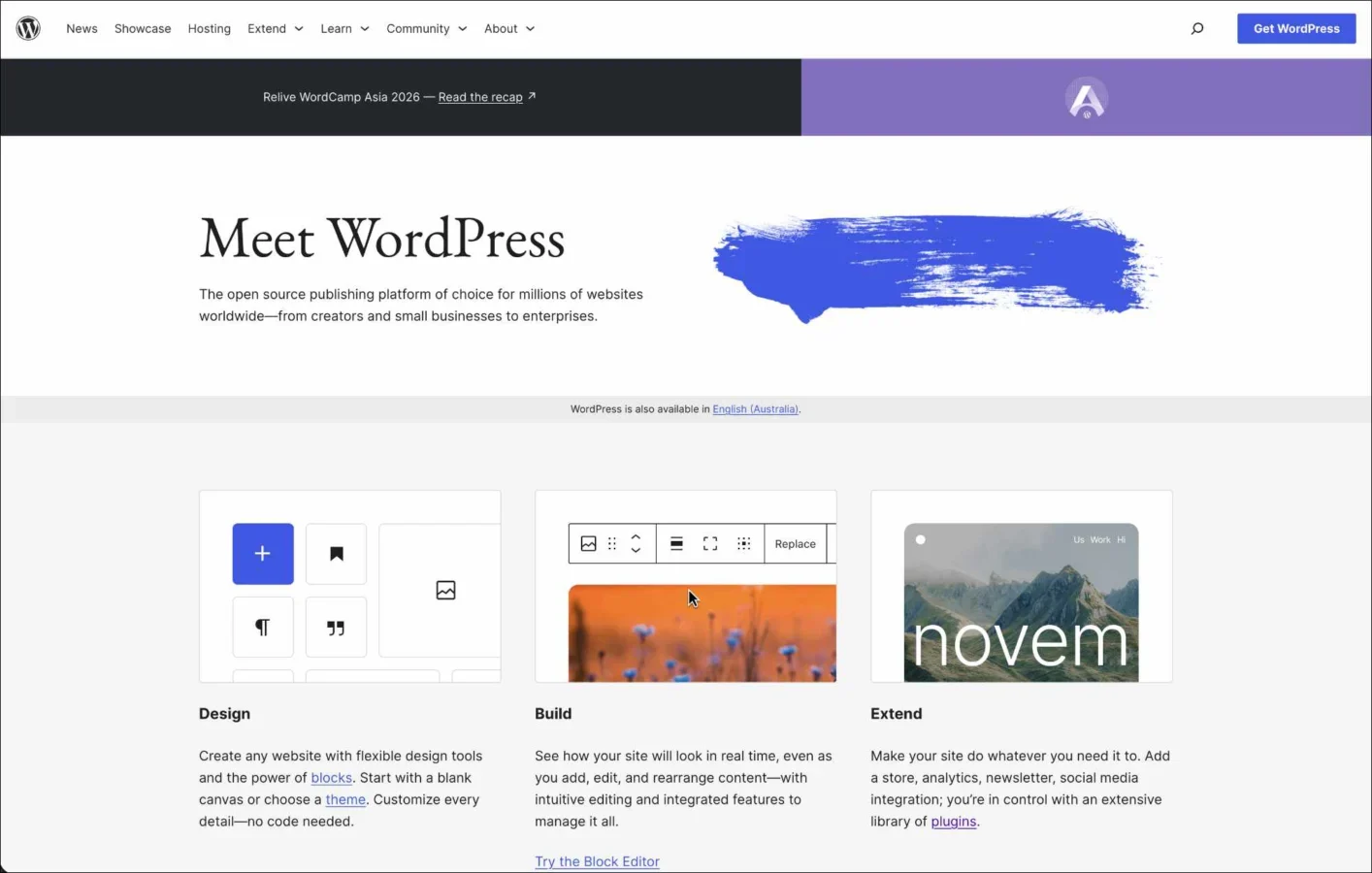Website homepage introducing WordPress with design, build, and extend features.