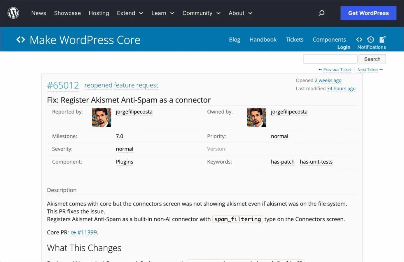 WordPress Core ticket page showing a feature request to register Akismet Anti-Spam as a connector.