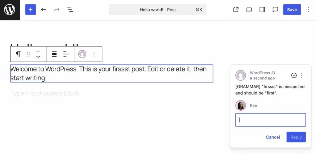 WordPress editor showing a grammar suggestion for the misspelled word "firssst".
