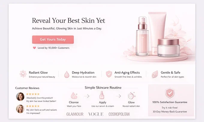 Example of a landing page created for WooCommerce sales funnel