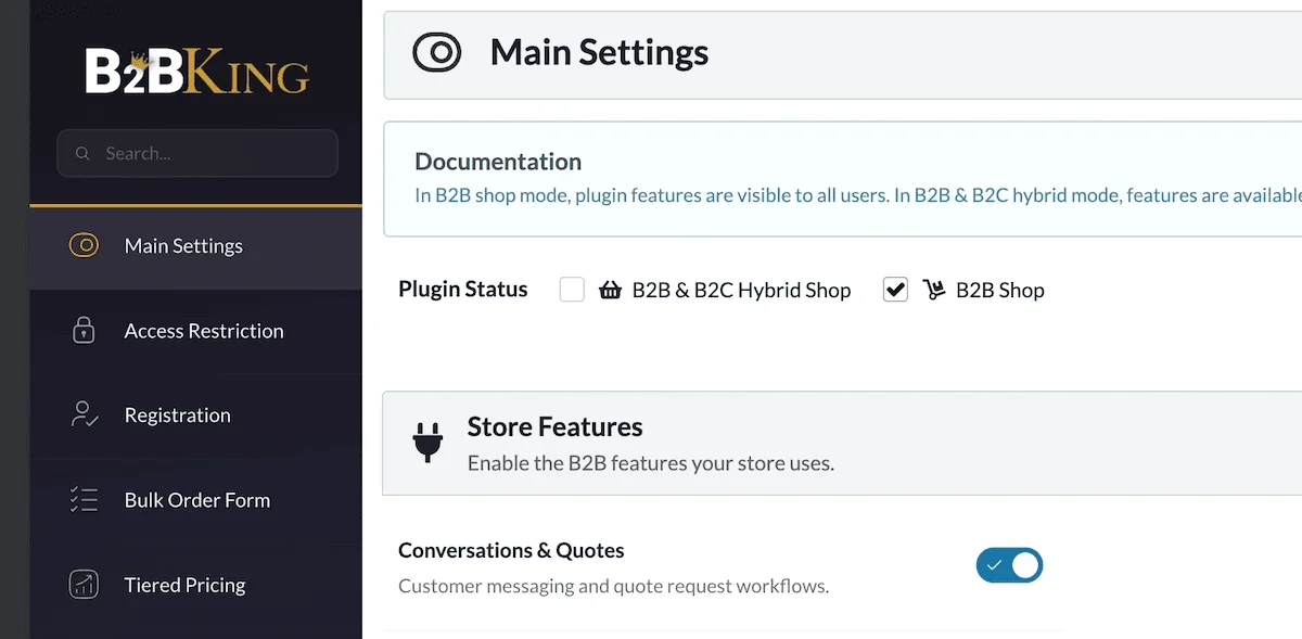The B2BKing Main Settings panel showing the B2B Shop and B2B and B2C Hybrid options.