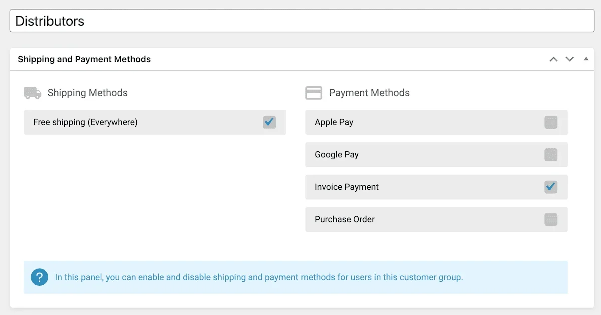 The B2BKing Create New Group screen showing the group name field, payment, and shipping method toggles.