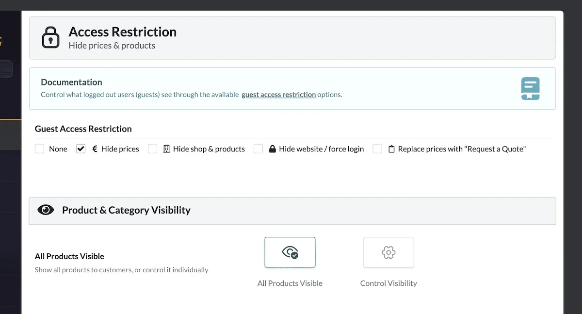 The B2BKing Access Restriction panel showing the Hide Prices option selected.