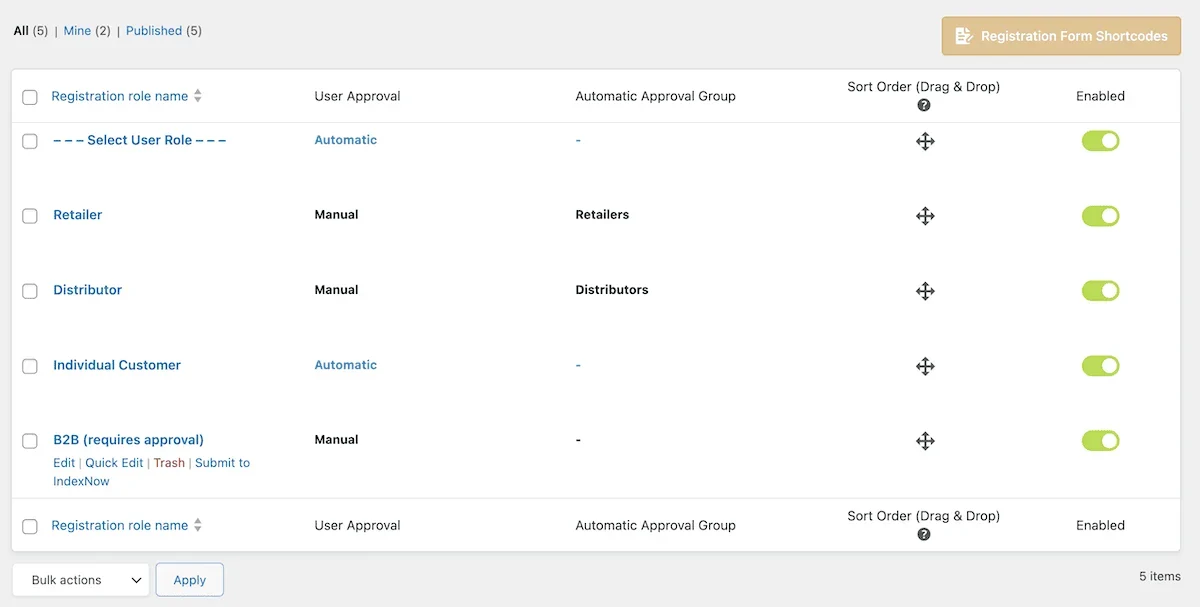 The B2BKing Registration Roles panel showing Retailer and Distributor roles with manual approval configured.