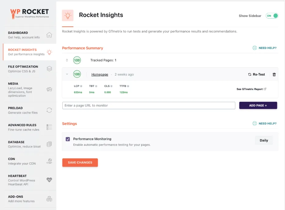 Sleek interface with performance monitoring – Source: WP Rocket