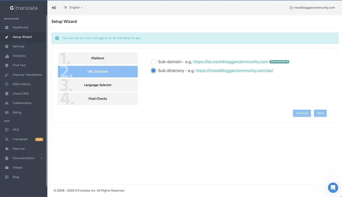 GTranslate's setup wizard.