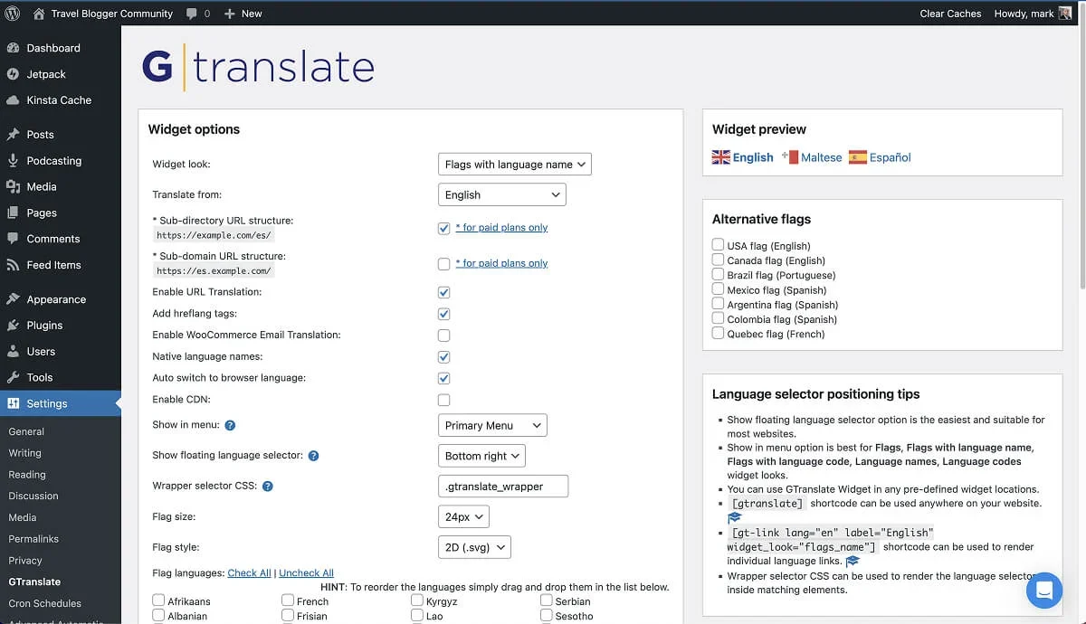 GTranslate's WordPress plugin settings.