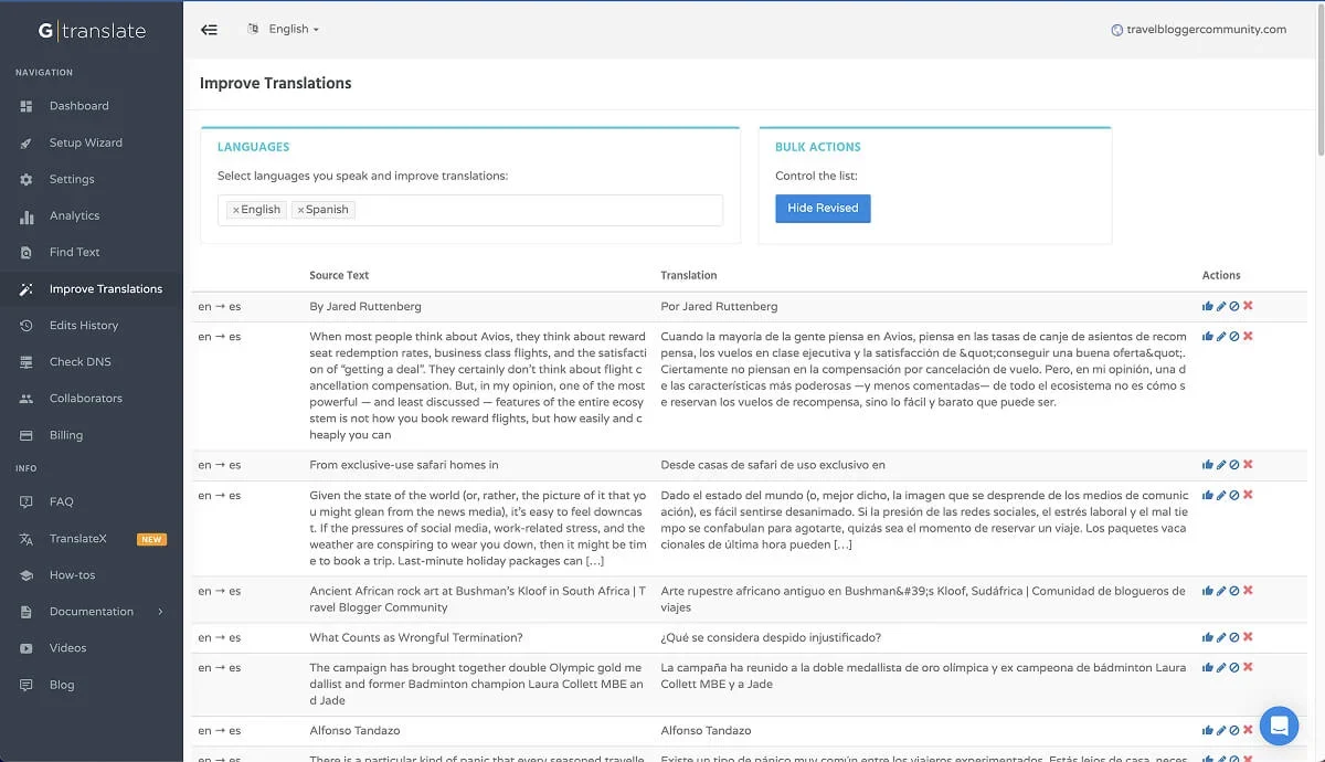 The "Improve Translations" section of the GTranslate account dashboard.
