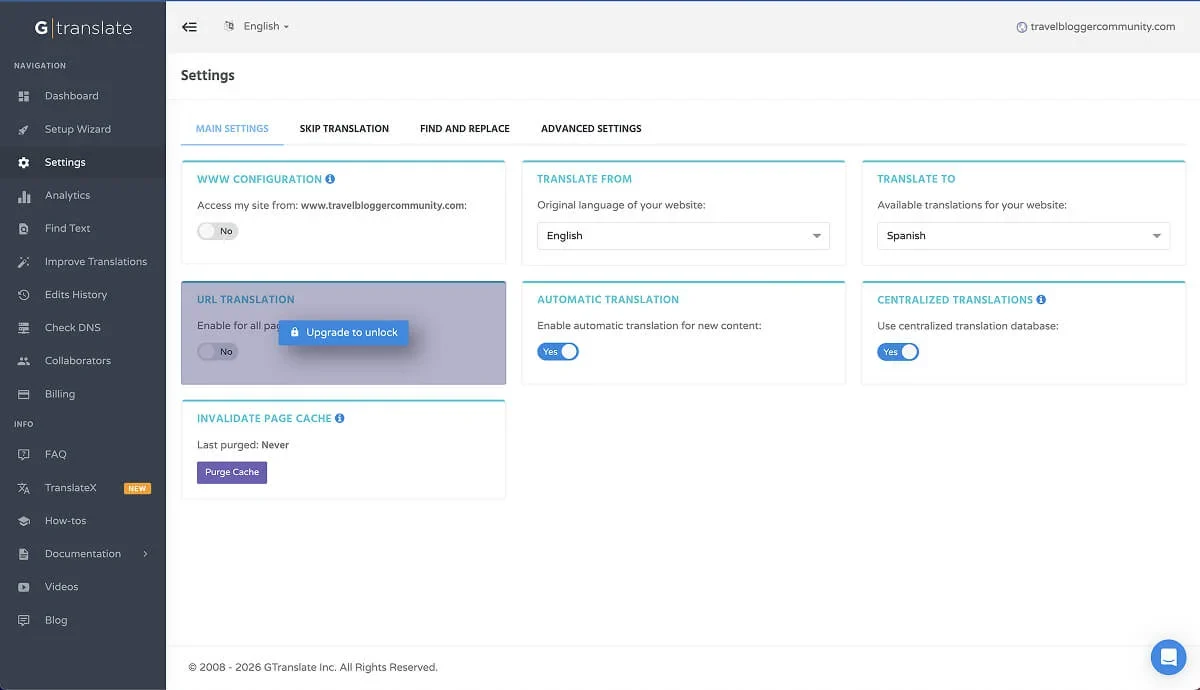 GTranslate's main settings.
