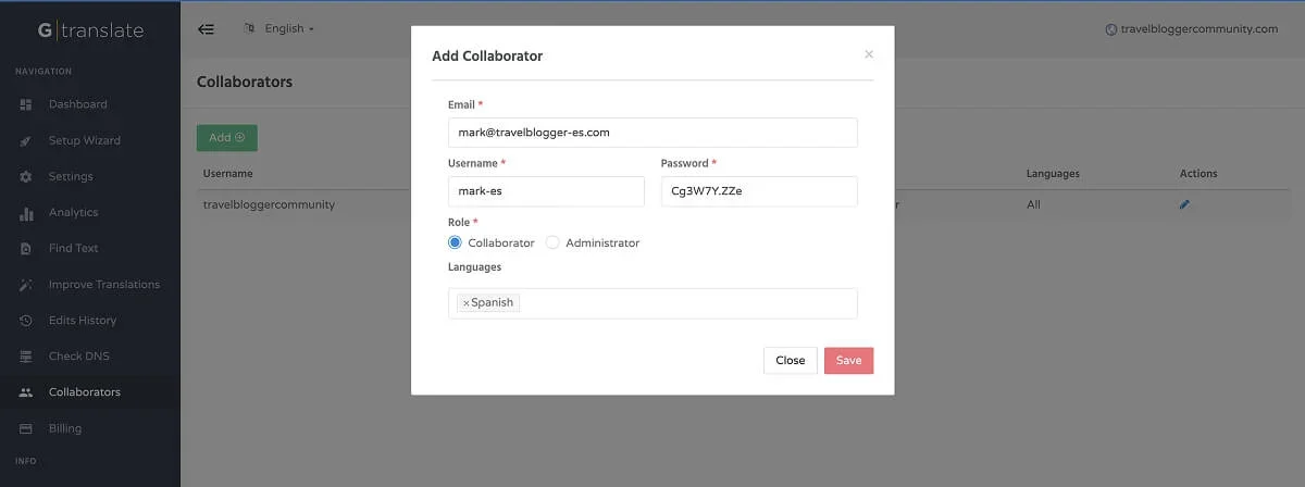Adding a Collaborator in GTranslate.