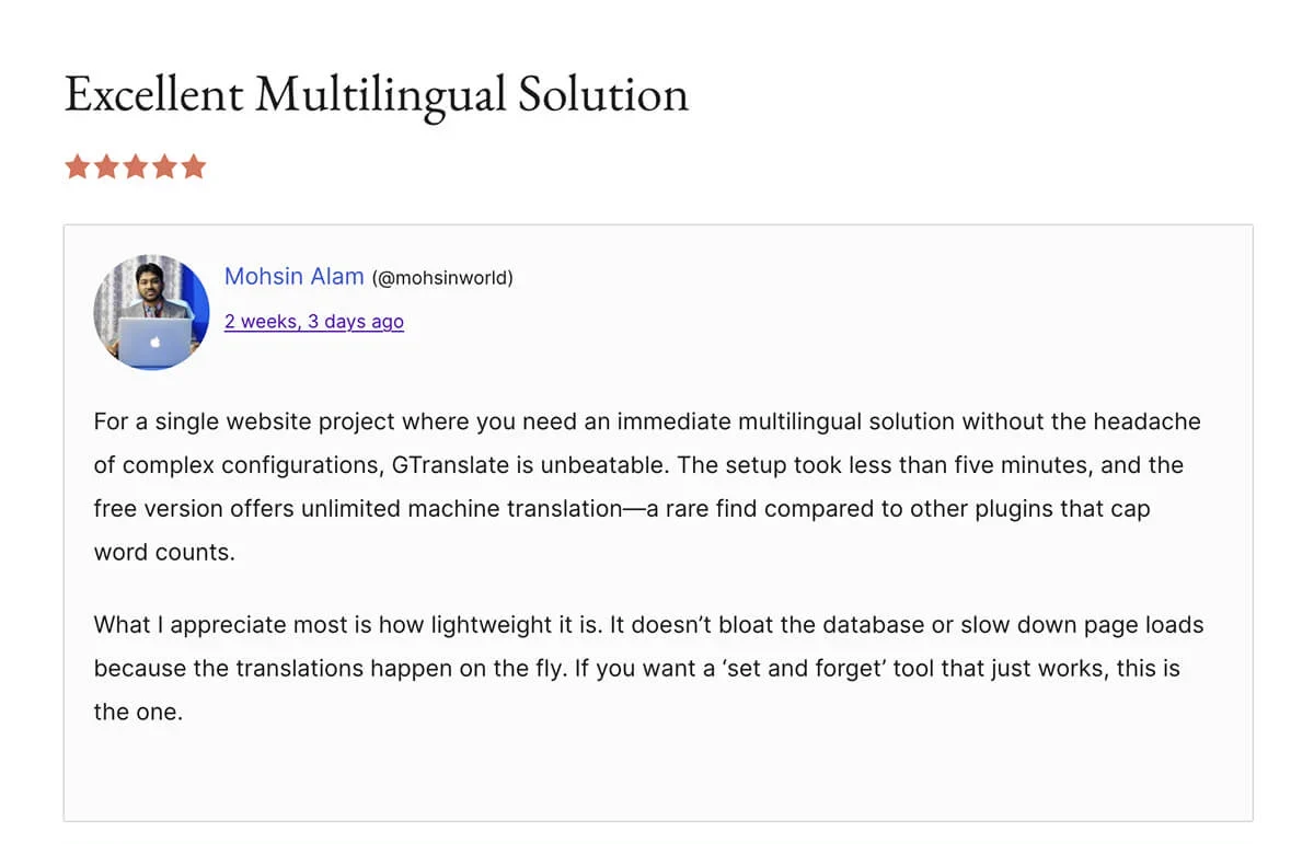 A 5-star review for GTranslate from the WordPress plugin repository.