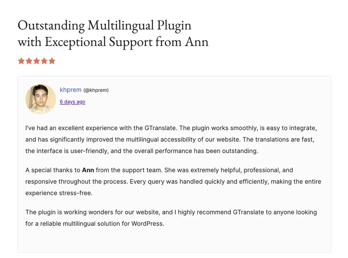 A 5-star review for GTranslate from the WordPress plugin repository.