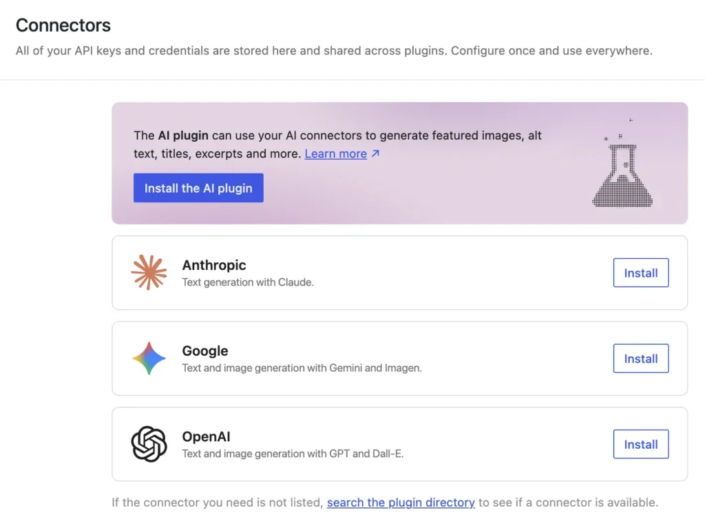 Connectors page showing AI plugin installation and options for Anthropic, Google, and OpenAI connectors.