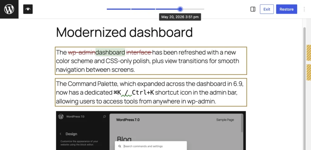 WordPress dashboard update details with text edits and a partial screenshot of the interface.