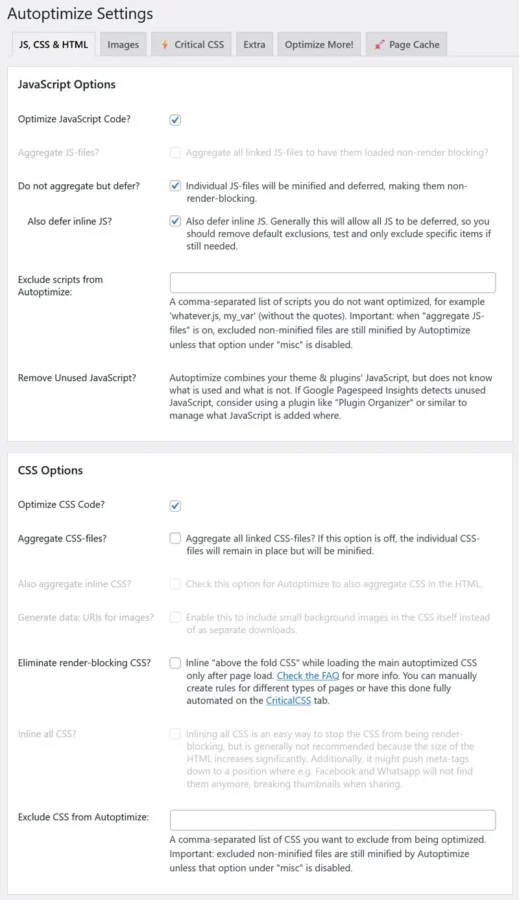 autoptimize settings