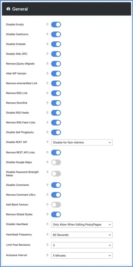 perfmatters settings and ui