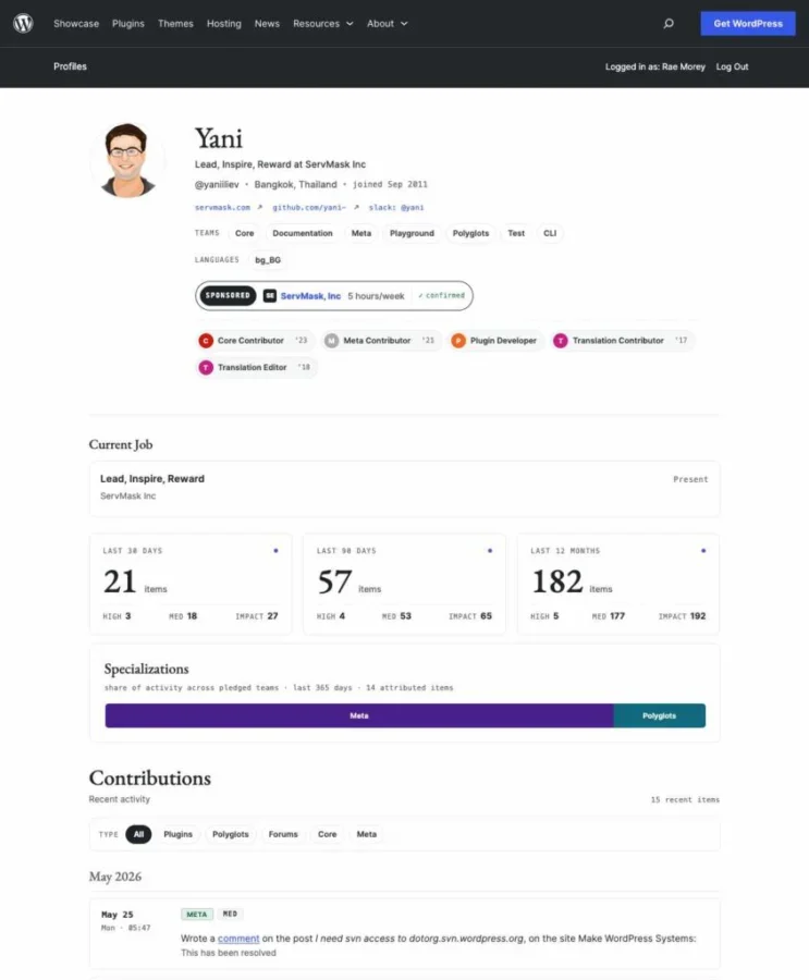 Profile page of Yani, a contributor at ServMask Inc with various roles and contributions.