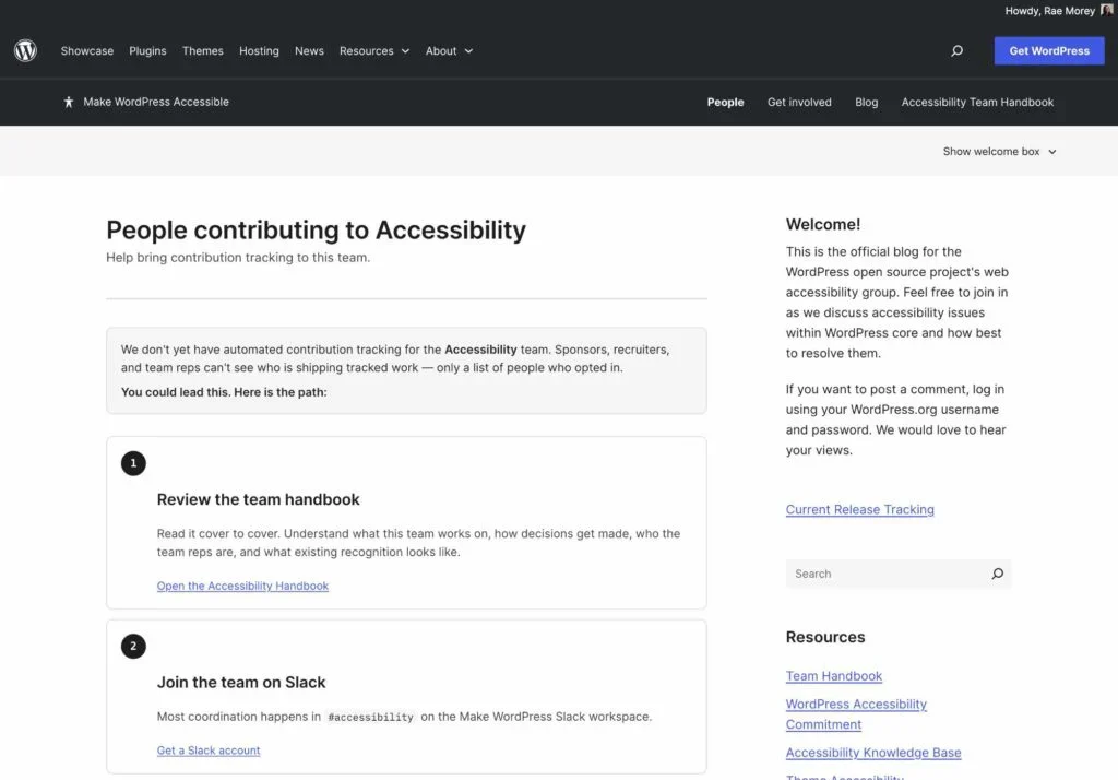 WordPress Accessibility team contribution page with steps to join and resources.
